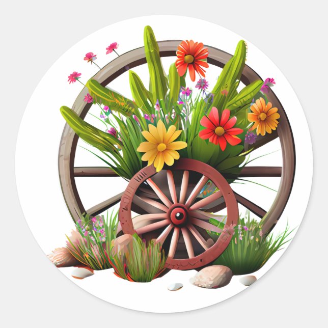 Cute Barn Wagon Wheel Floral Farm Rustic Classic Round Sticker (Front)