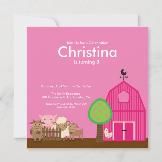 Cute Barn Yard Farm Animals Birthday Party Invite (Front)