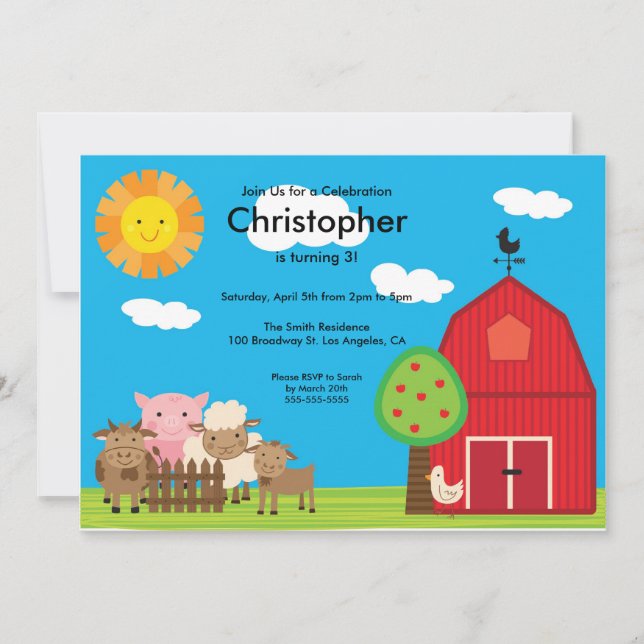Cute Barn Yard Farm Animals Birthday Party Invite (Front)