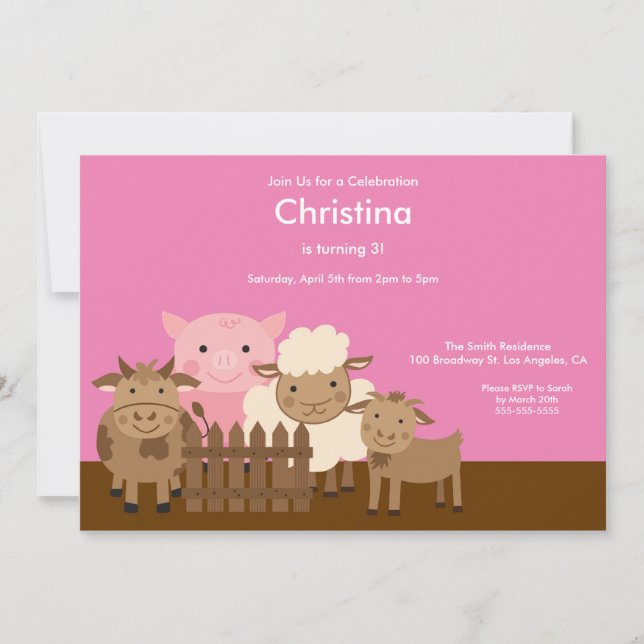 Cute Barn Yard Farm Animals Birthday Party Invite (Front)