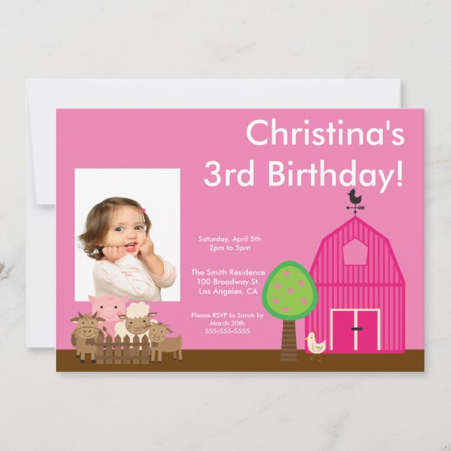Cute Barn Yard Farm Animals Birthday Photo Invite (Front)