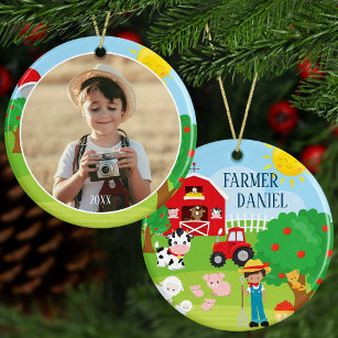 Cute Barnyard Animals, Farmer Photo Christmas Ceramic Tree Decoration