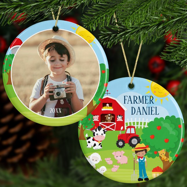 Cute Barnyard Animals, Farmer Photo Christmas Ceramic Tree Decoration (Creator Uploaded)