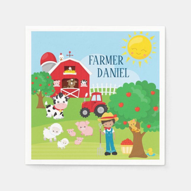 Cute Barnyard Animals, Farmer, Tractor Birthday Napkin (Front)