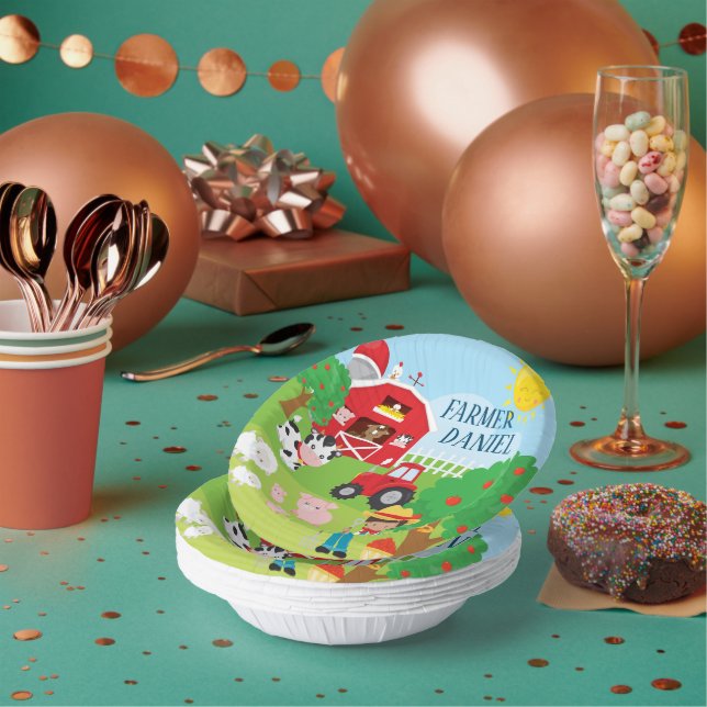 Cute Barnyard Animals, Farmer, Tractor Birthday Paper Plate (Multi)