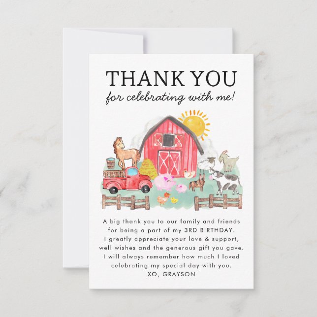 Cute Barnyard Animals Kids Farm Birthday Thank You (Front)