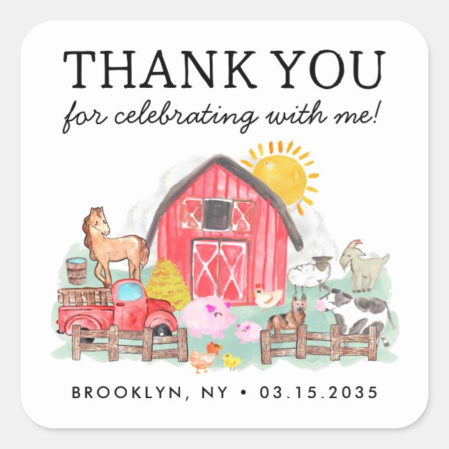 Cute Barnyard Animals Kids Farm Birthday Thank You Square Sticker (Front)