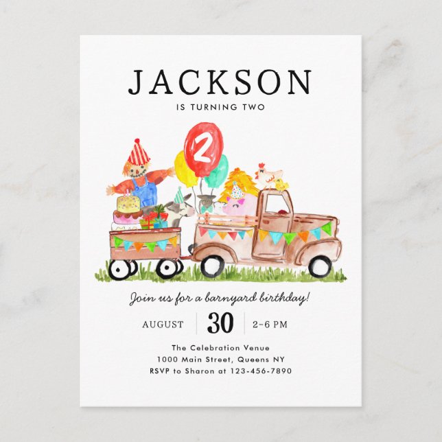 Cute Barnyard Animals Truck Kids Farm Birthday Postcard (Front)