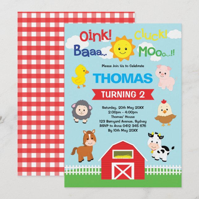 Cute Barnyard Birthday Petting Farm Animals Party Invitation (Front/Back)