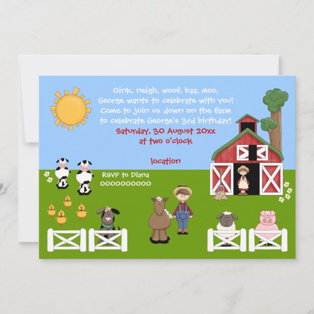 Cute barnyard farm animal childrens birthday invitation (Front)