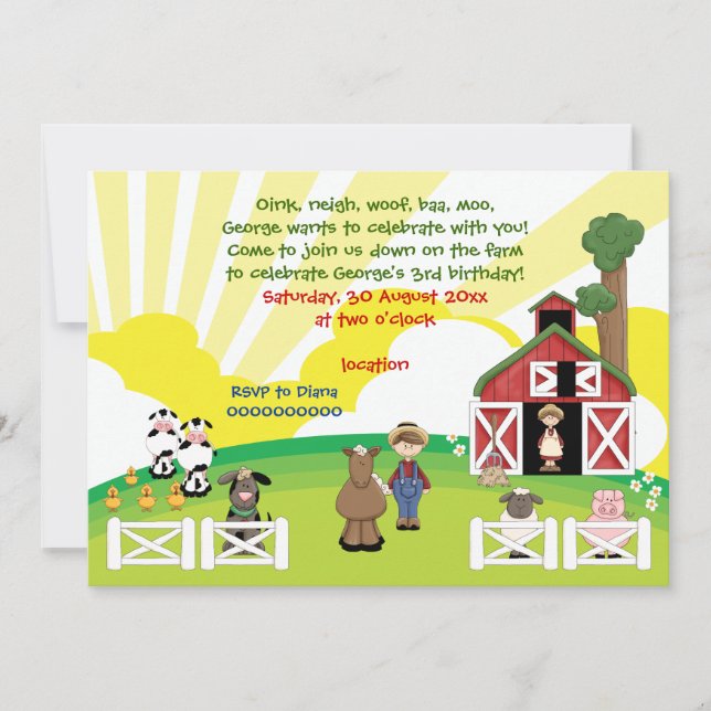 Cute barnyard farm animal kids birthday invitation (Front)