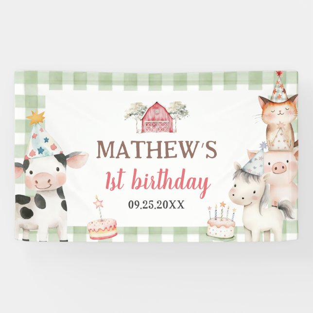 Cute Barnyard Farm Animals 1st Birthday Banner (Horizontal)