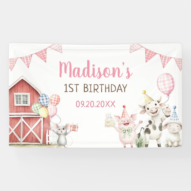Cute Barnyard Farm Animals 1st Birthday Banner (Horizontal)