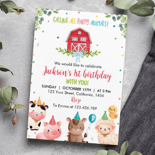 Cute Barnyard Farm Animals 1st Birthday Invitation