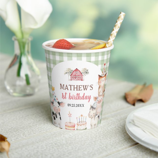 Cute Barnyard Farm Animals 1st Birthday Paper Cups (Insitu)