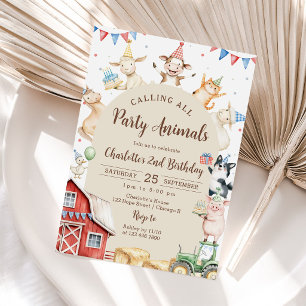 Cute Barnyard Farm Animals 2nd Birthday Invitation