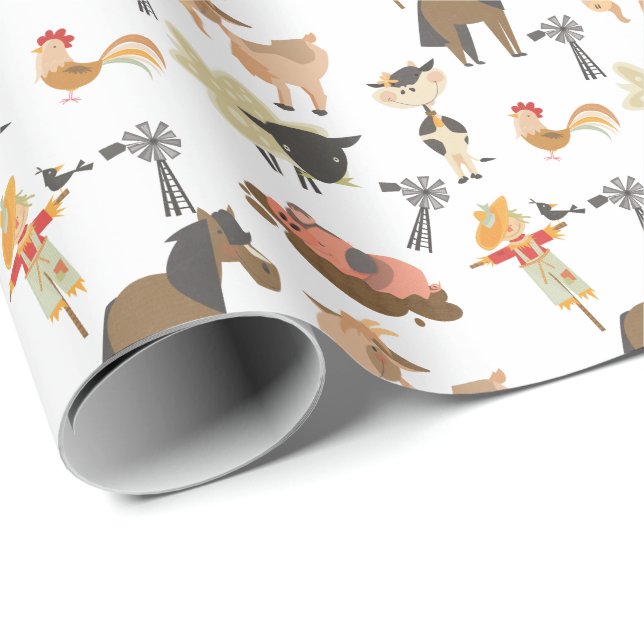 Cute Barnyard Farm Animals | Any Background Colour Wrapping Paper (Roll Corner)