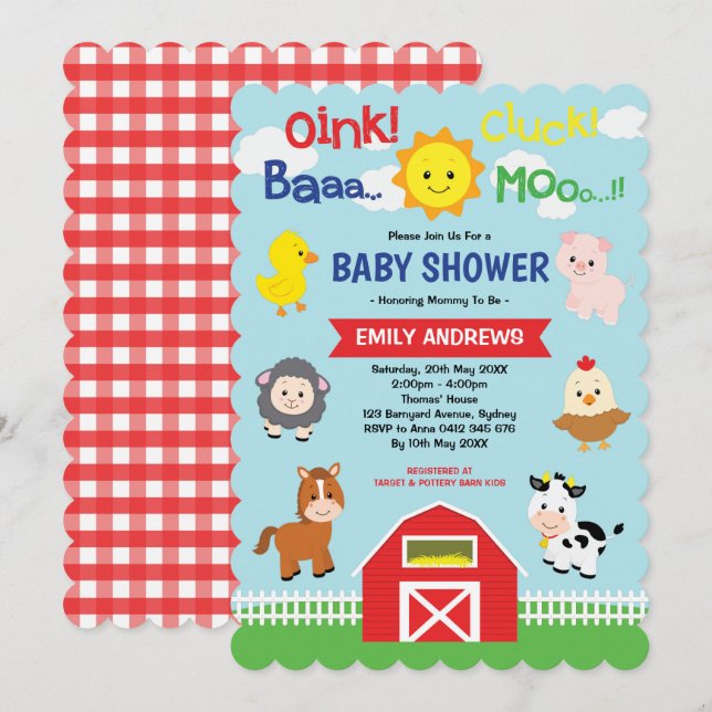 Cute Barnyard Farm Animals Baby Shower Invitation (Front/Back)