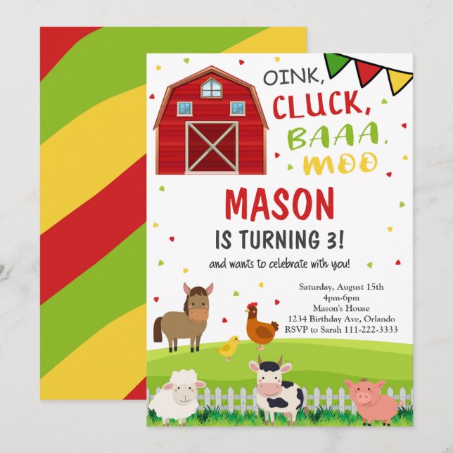 Cute Barnyard Farm Animals Birthday Invitation (Front/Back)