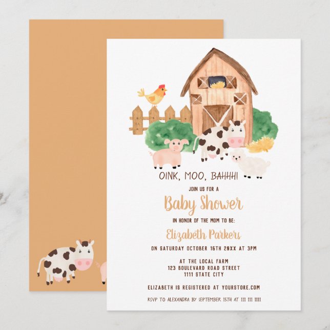 Cute barnyard farm animals neutral baby shower invitation (Front/Back)