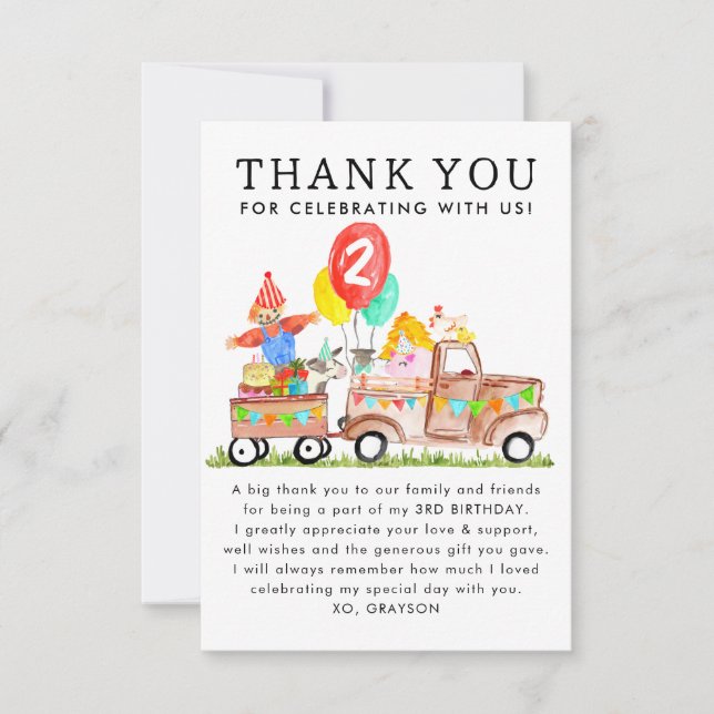 Cute Barnyard Party Truck Farm Animals Birthday Thank You Card (Front)