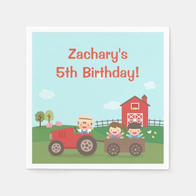 Cute Barnyard Tractor Kids Birthday Party Napkins (Front)