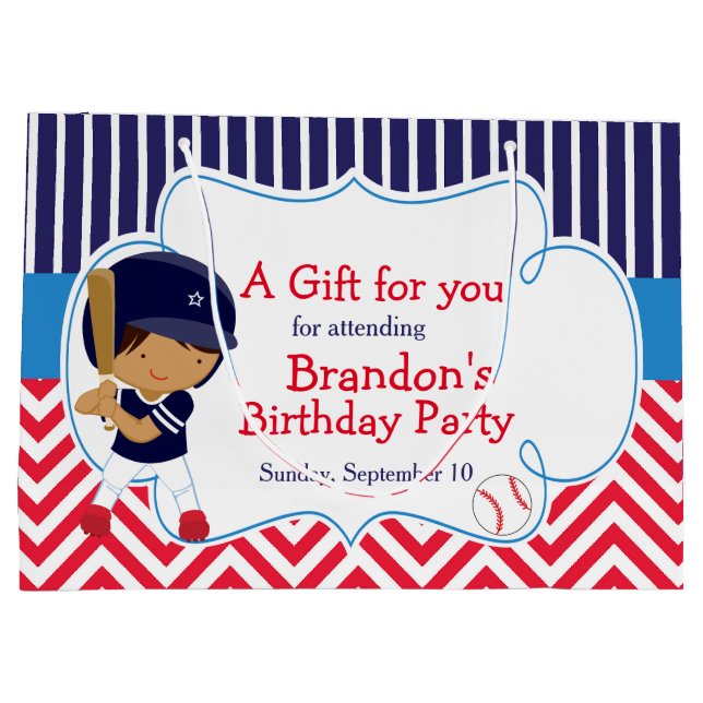 Cute Baseball African American Boy Birthday Large Gift Bag (Back)