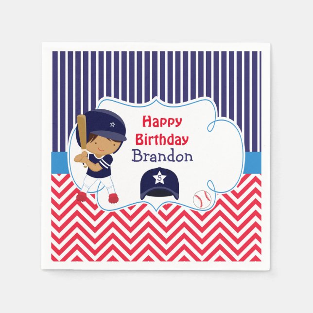 Cute Baseball African American Boy Birthday Party Napkin (Front)