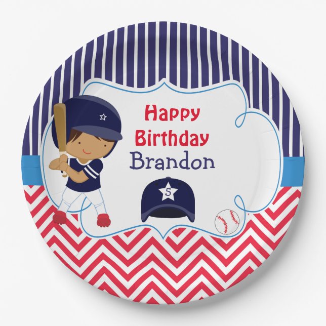 Cute Baseball African American Boy Birthday Party Paper Plate (Front)