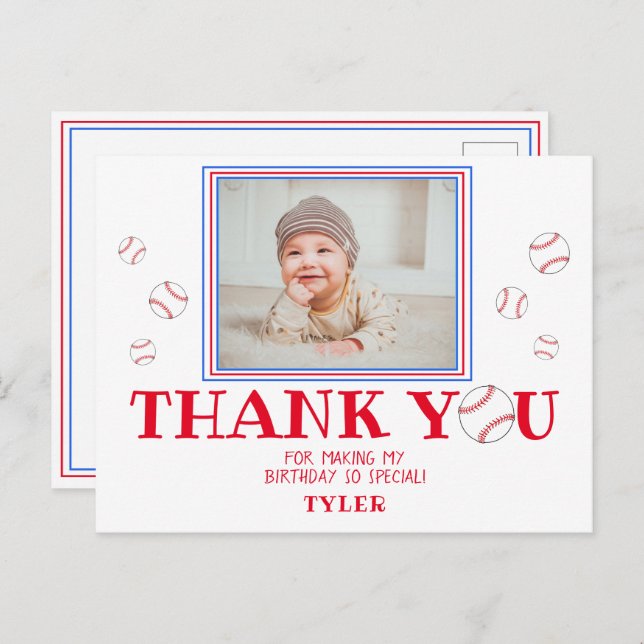 Cute Baseball Ball Birthday Thank you Photo Card (Front/Back)