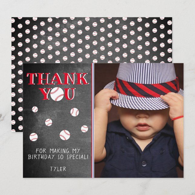 Cute Baseball Ball Chalkboard Sport Birthday Photo Thank You Card (Front/Back)
