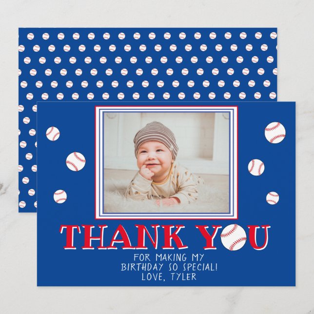 Cute Baseball Balls Birthday Photo Thank You Card (Front/Back)