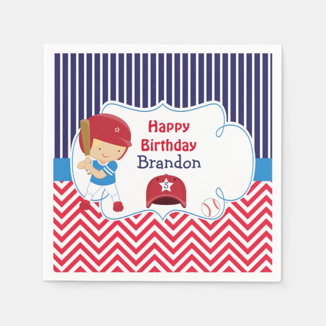 Cute Baseball Blonde Hair Boy Birthday Party Napkin (Front)