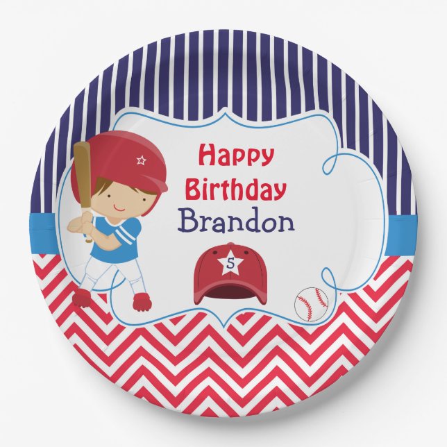 Cute Baseball Brunette Boy Birthday Party Paper Plate (Front)