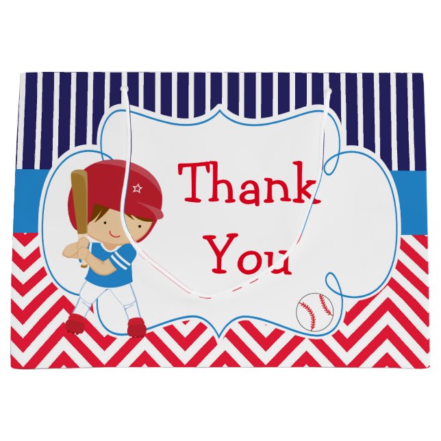 Cute Baseball Brunette Hair Boy Birthday Large Gift Bag (Front)