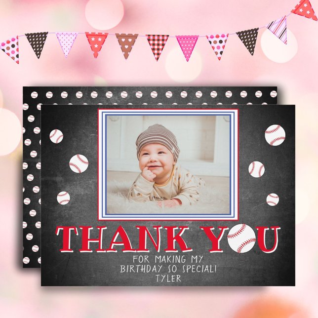 Cute Baseball Chalkboard Birthday Photo Thank You Card (Creator Uploaded)