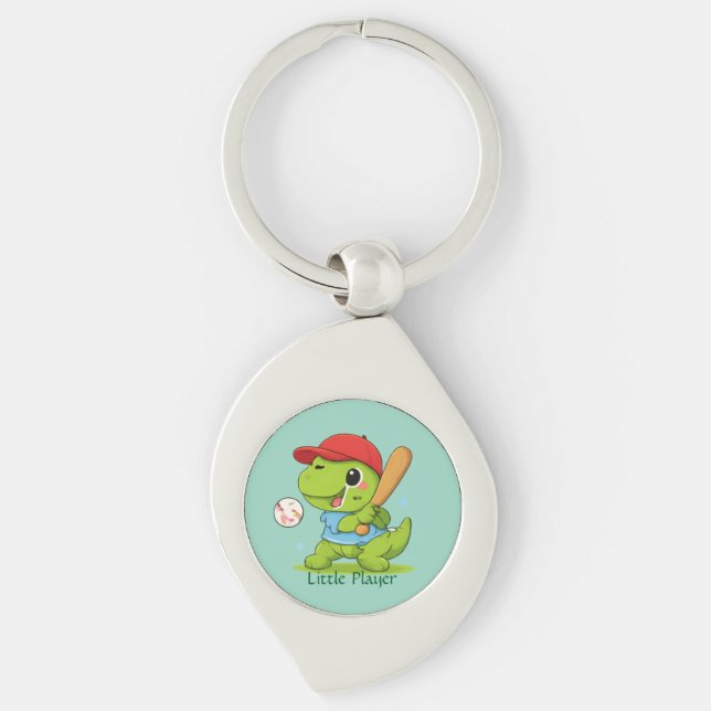 Cute Baseball Dinosaur T-Rex Sports Illustration Key Ring (Front)