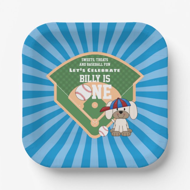 Cute Baseball Fun Puppy Dog 1st Birthday Paper Plate (Front)