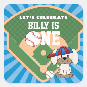 Cute Baseball Fun Puppy Dog 1st Birthday Square Sticker
