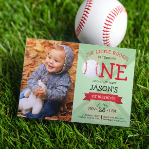 Cute Baseball Pitch & Ribbon Photo 1st Birthday Invitation