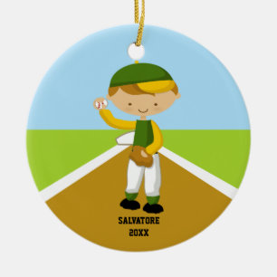 Cute Baseball Player in Green & Yellow Ornament