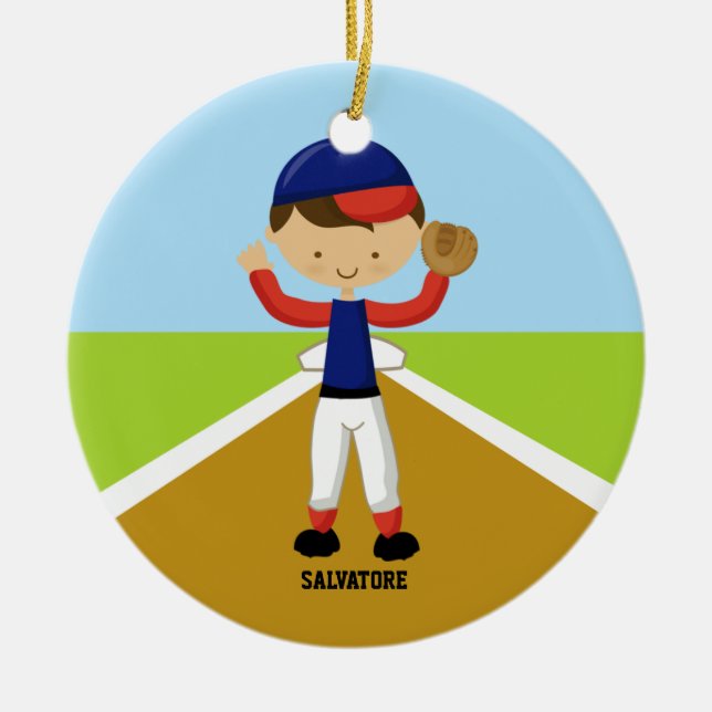 Cute Baseball Player in Red & Blue Ornament (Front)