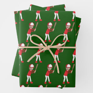 Cute Baseball Player Kids Photo Green Custom Wrapping Paper Sheet