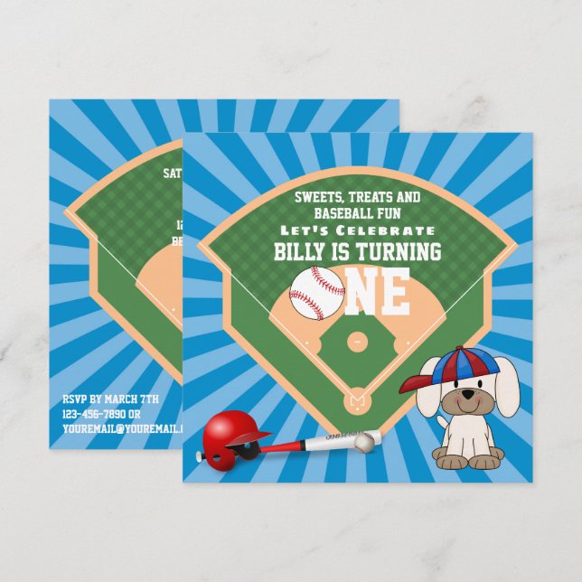 Cute Baseball Puppy Dog 1st Birthday Invitation (Front/Back)