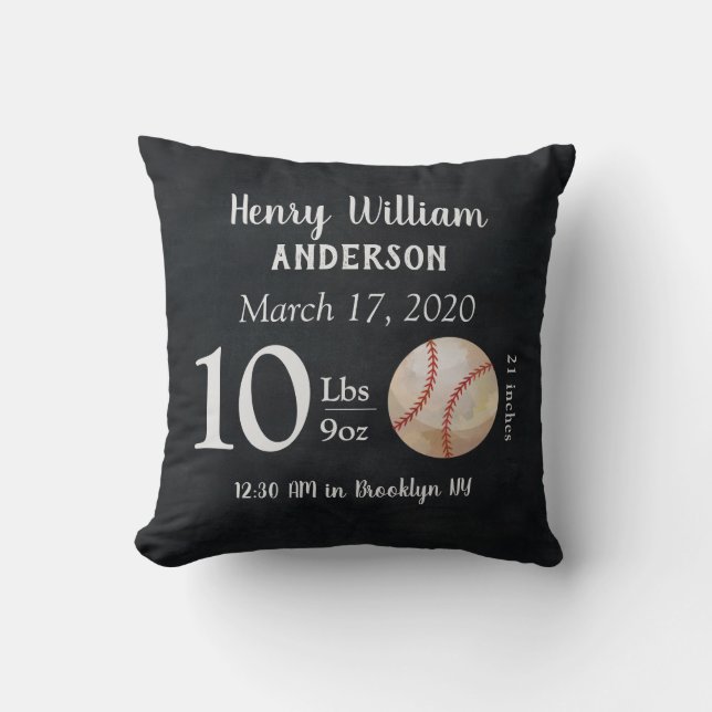 Cute Baseball Sports Ball Baby Birth Stats Nursery Cushion (Front)