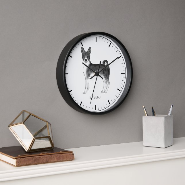 Cute Basenji Dog In Black And White & Custom Text Clock (Office)
