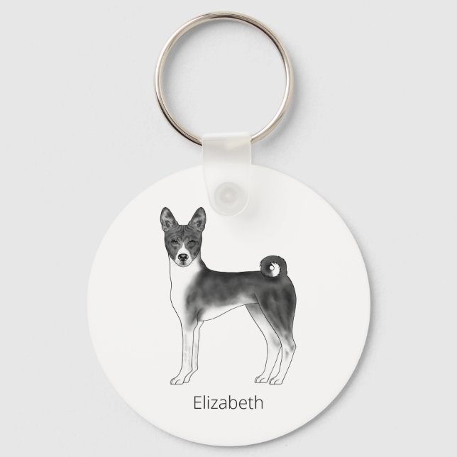 Cute Basenji Dog In Black And White & Custom Text Key Ring (Front)