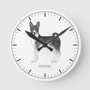 Cute Basenji Dog In Black And White & Custom Text Round Clock