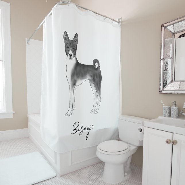 Cute Basenji Dog In Black And White & Custom Text Shower Curtain (In Situ)