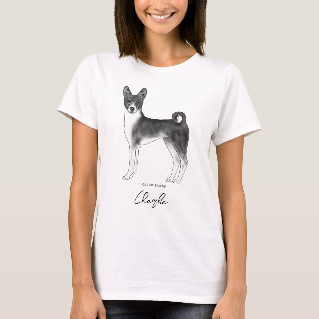 Cute Basenji Dog In Black And White & Custom Text T-Shirt (Front)